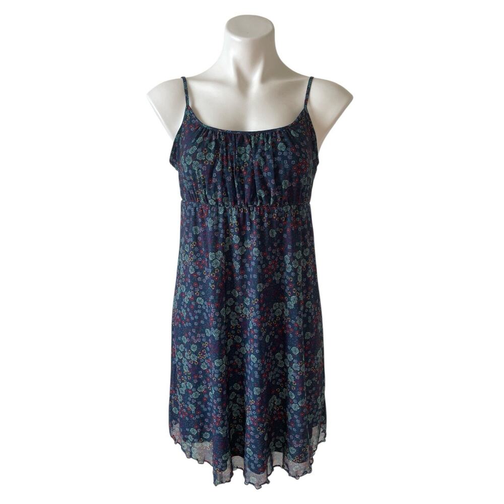 Takepride Target Babydoll Mini Dress Y2K Lettuce Hem Mesh Small Blue Floral